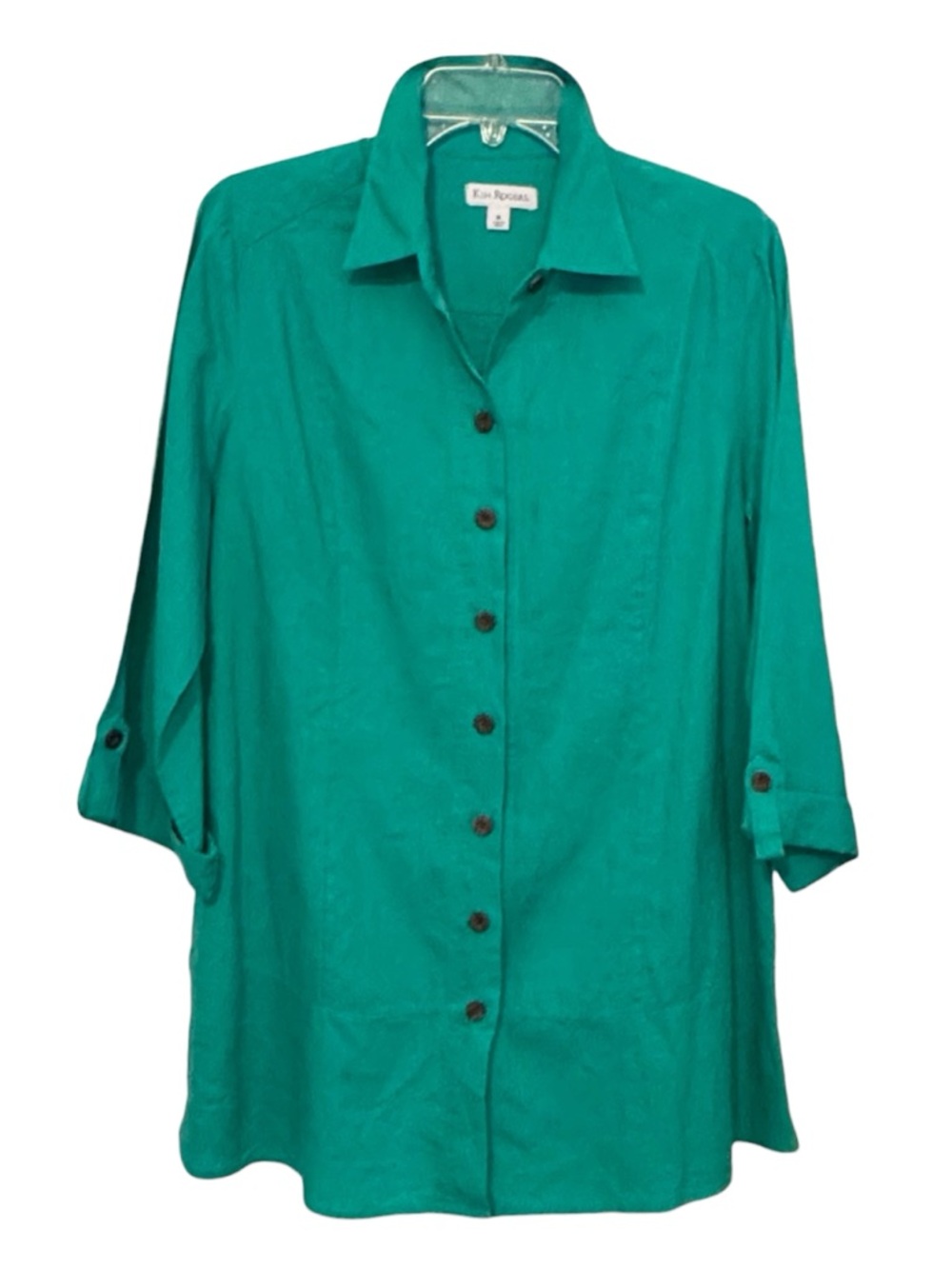 Kim Rogers Button Front Closure 3/4 Tab Sleeves Collared Neckline Linen Tunic